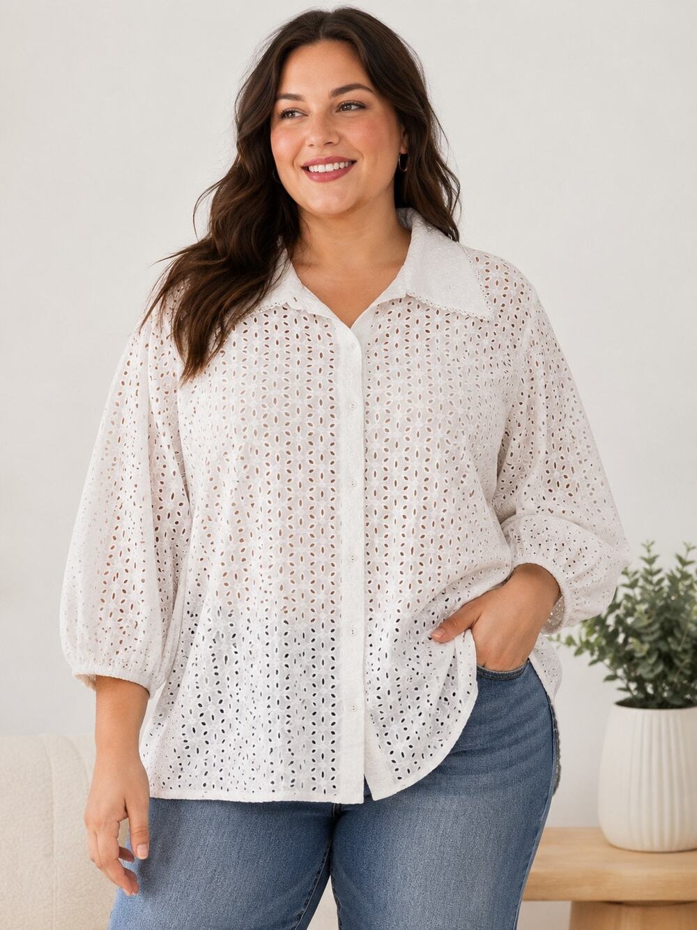 NWT WRAY White Cream Eyelet Button Front Cotton Blouse 4XL Oversized Puff Sleeve